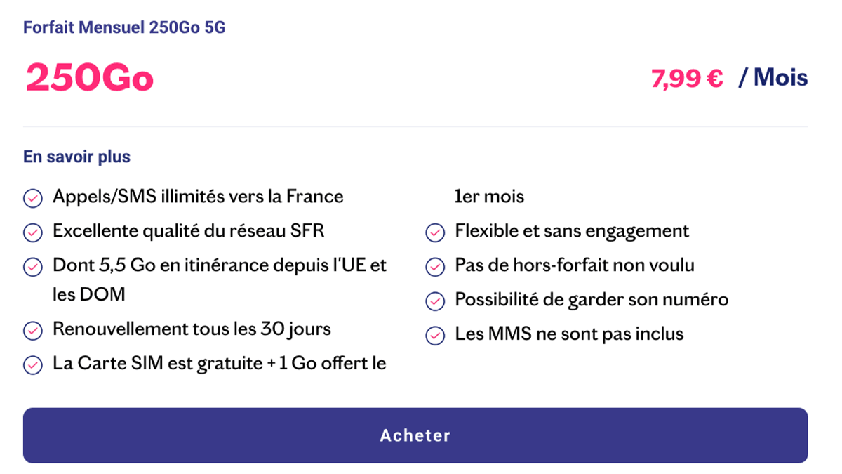Carte SIM gratuite Lebara forfait mobile 250 Go
