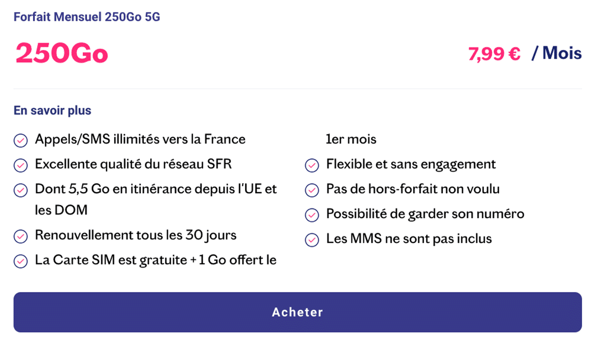 Réseau 5G SFR Lebara forfait pas cher 250 Go