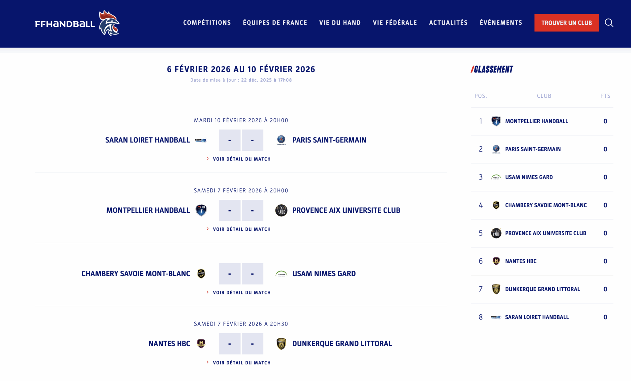 Calendrier coupe de france Handball