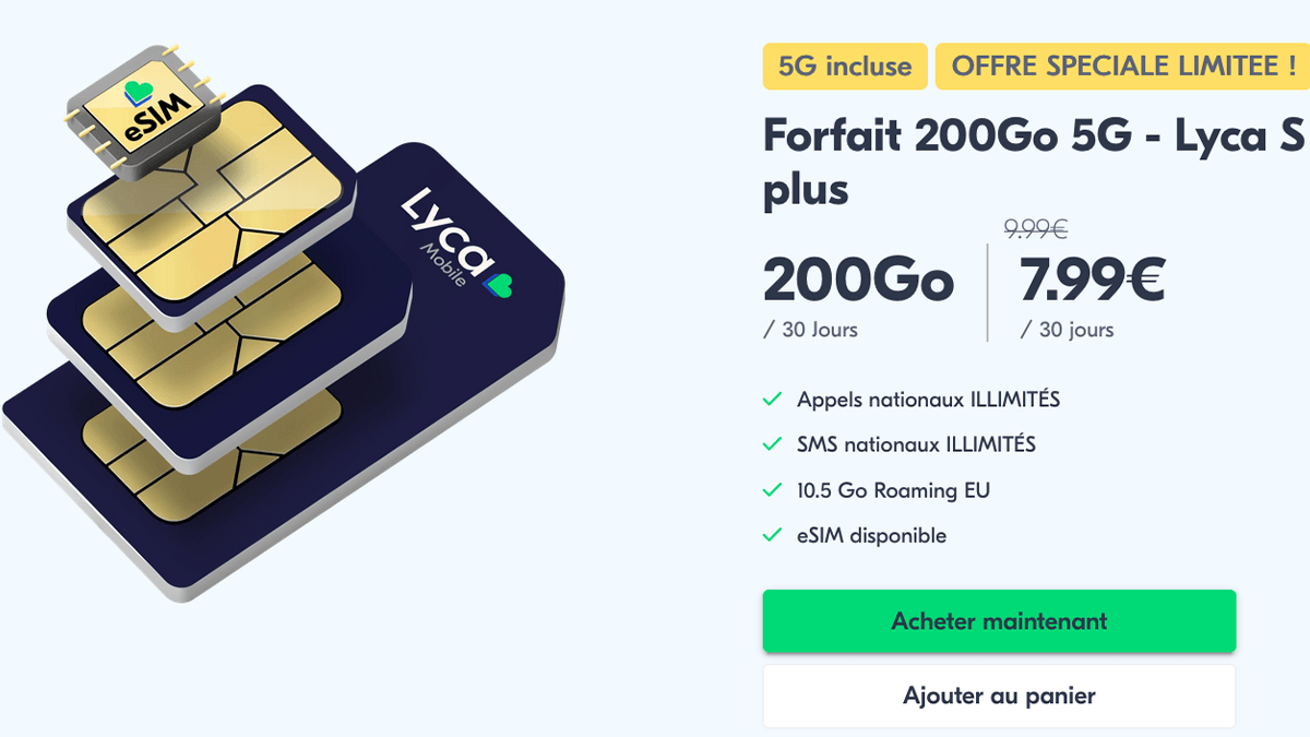 Sans engagement Lyca forfait 200 Go en 5G
