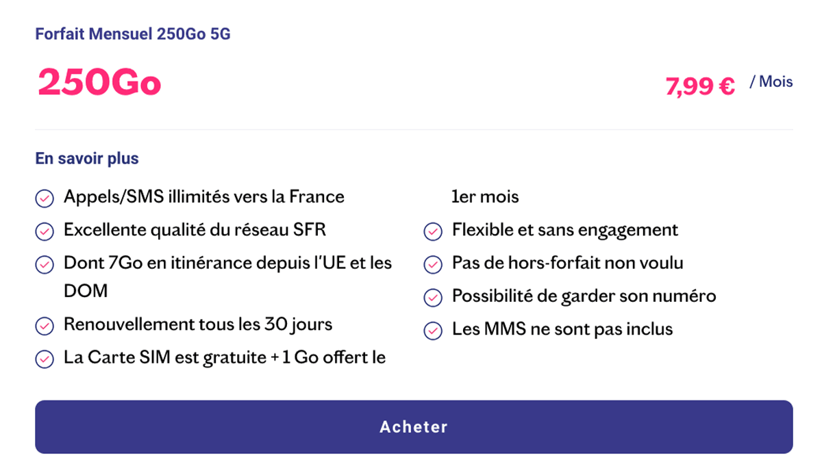 Sans engagement Lebara forfait 250 Go